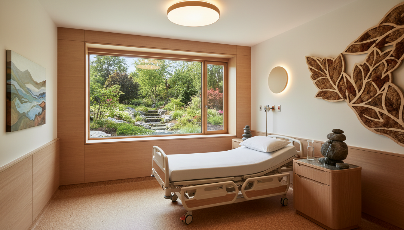 Modern hospital patient room with wood-grain headwall and view of nature.