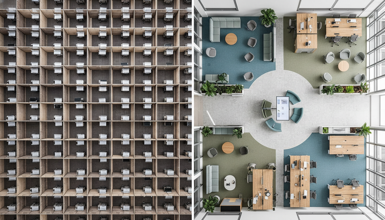 Comparison floor plans showing traditional cubicle office versus modern hybrid collaboration hub.