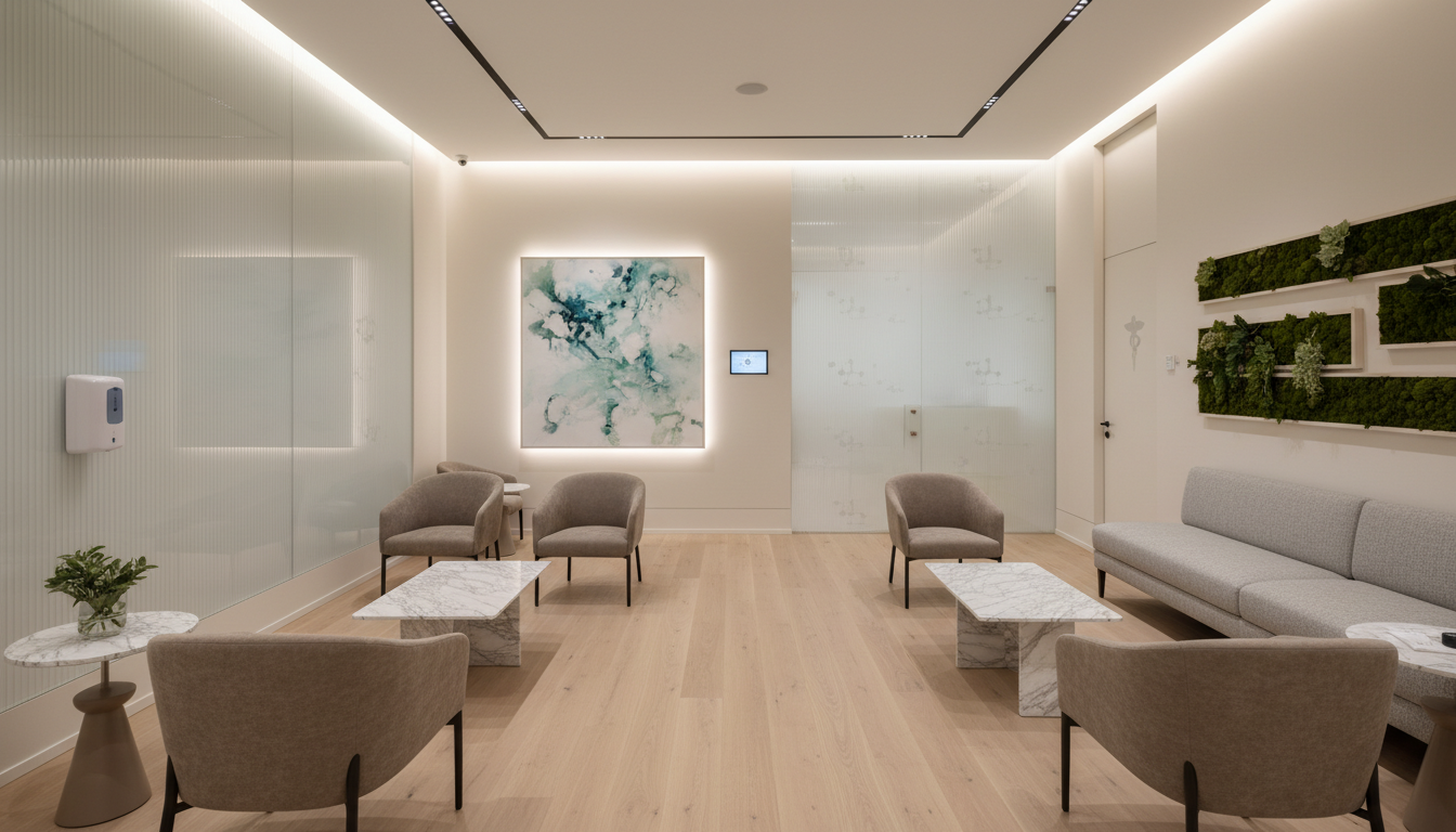 Luxury medical spa waiting room with beige velvet seating and warm ambient lighting.
