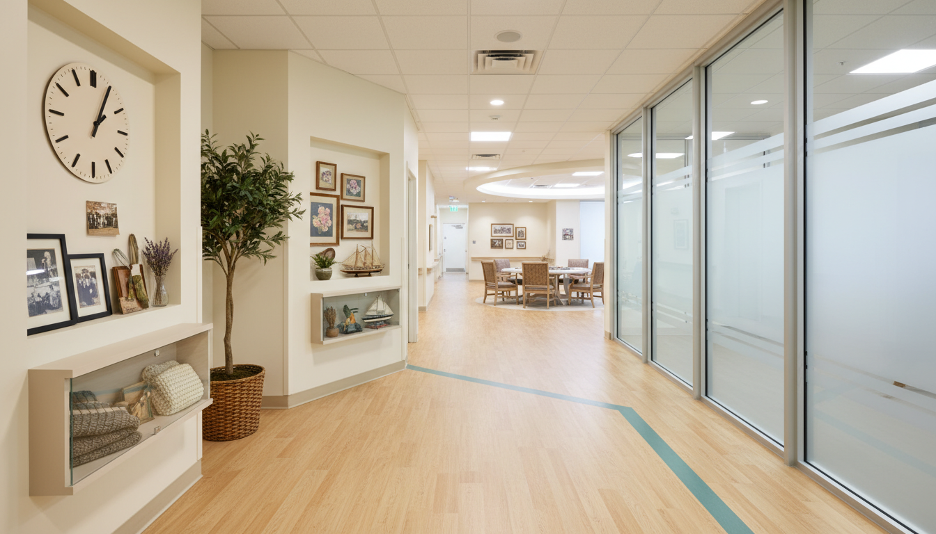 Memory care hallway featuring personalized memory boxes outside resident doors and distinct visual landmarks.