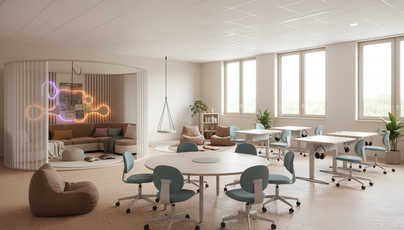 Inclusive classroom layout featuring standing desks, bean bags, and acoustic quiet zones.