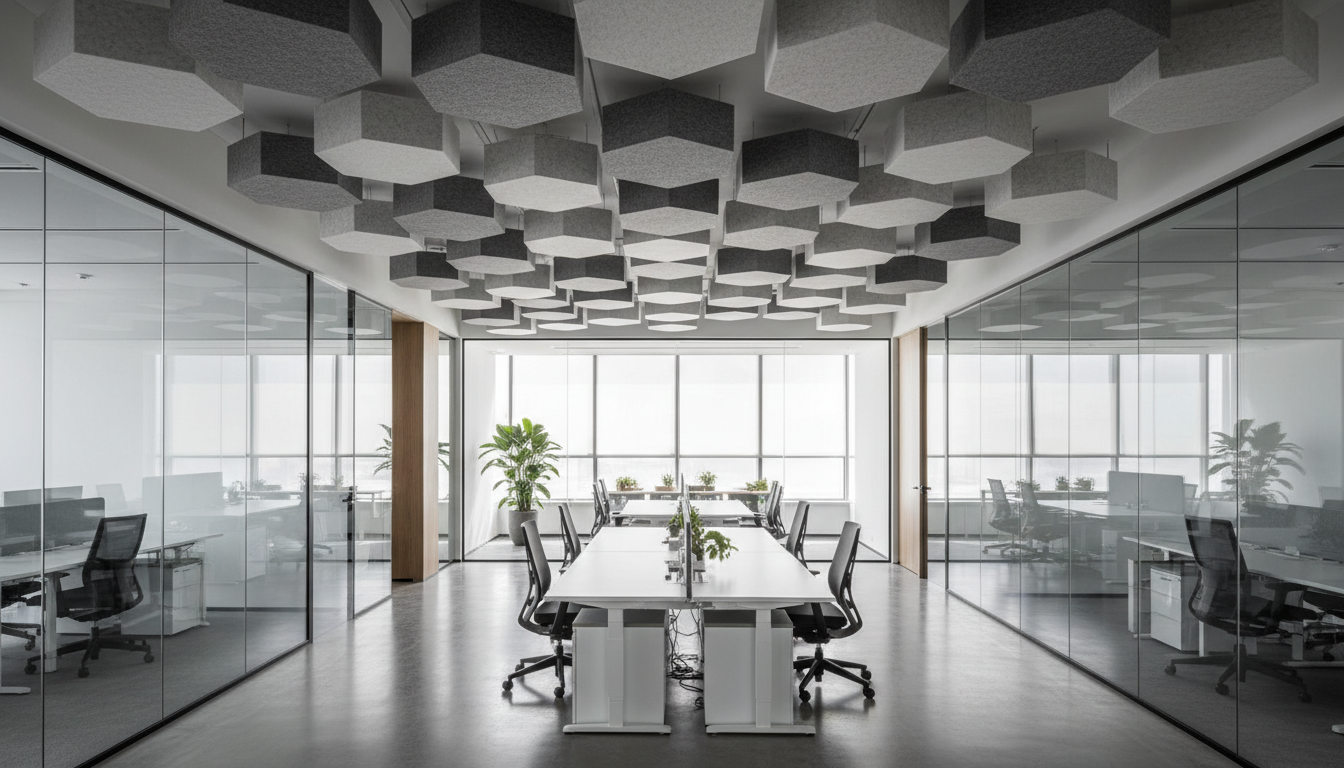 Open plan corporate office featuring acoustic ceiling baffles and glass conference rooms.