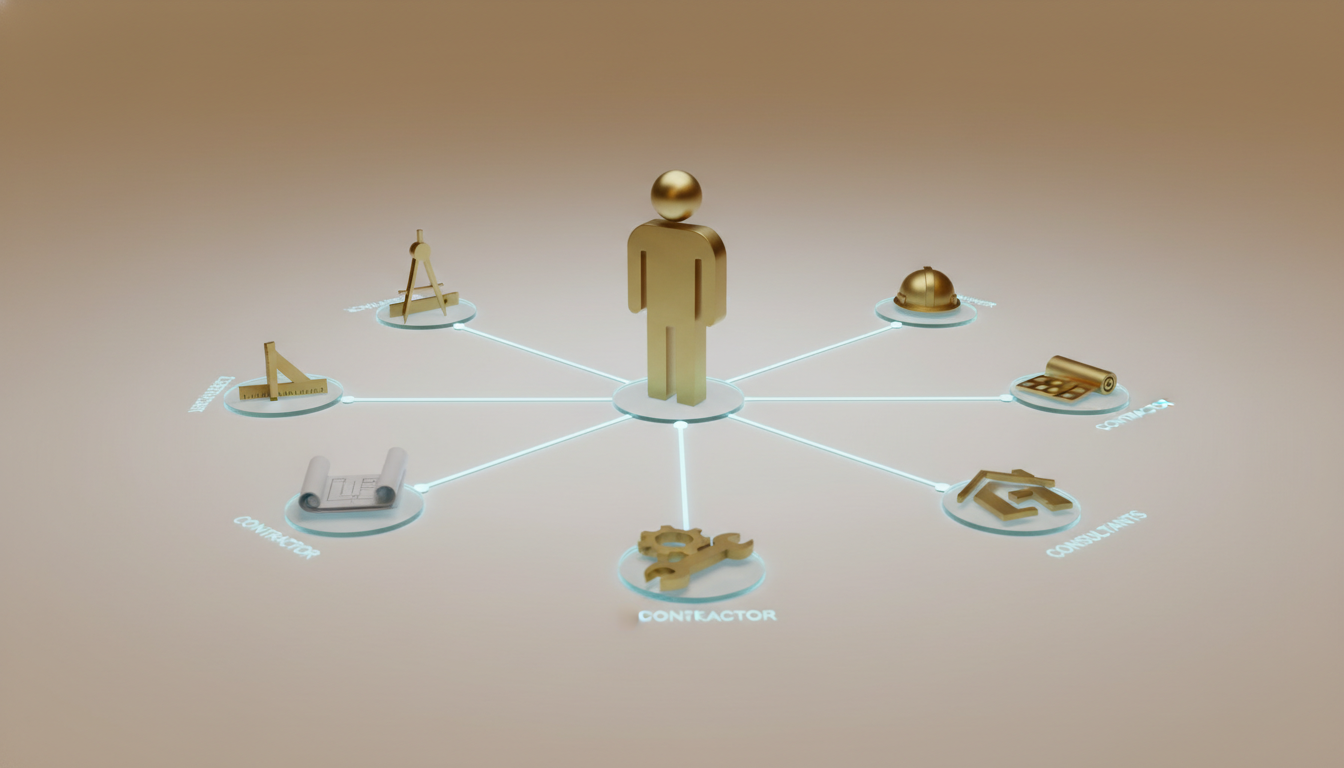 Diagram showing Owner's Representative coordinating between Client, Architect, and General Contractor.