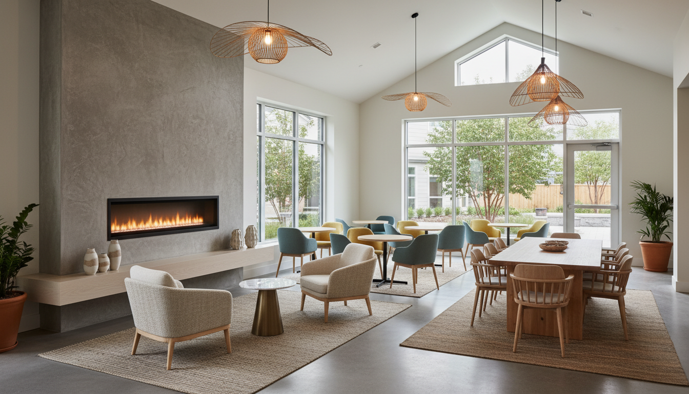 Cozy senior living bistro area with fireplace, armchairs, and warm lighting.