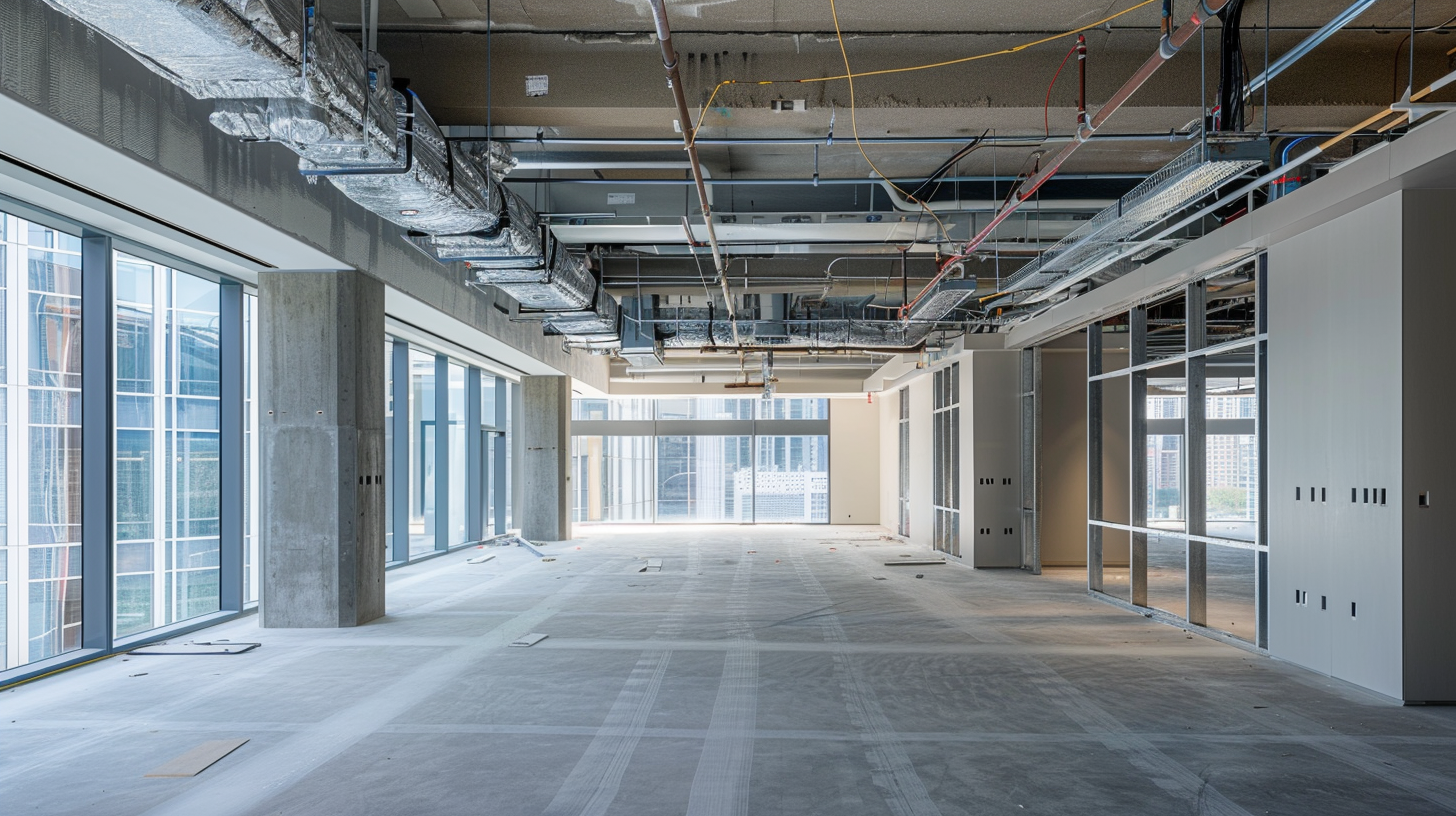 Open-plan office under construction with exposed ceiling ducts, concrete columns, and large floor‑to‑ceiling windows letting in natural light.