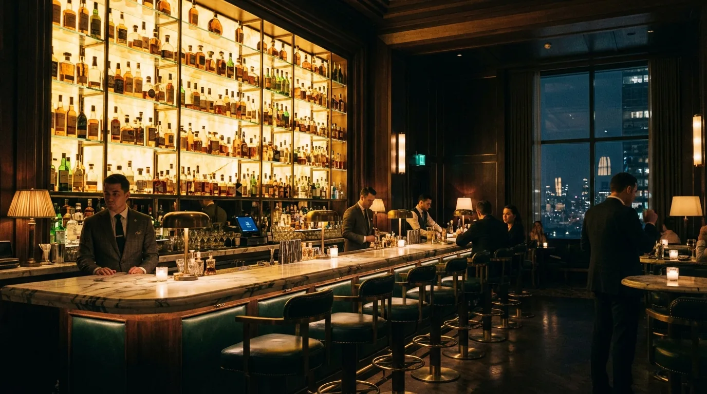 Sophisticated NYC cocktail bar design with dramatic backlit spirits display marble bar top and leather bar stools by DIG Interior Design