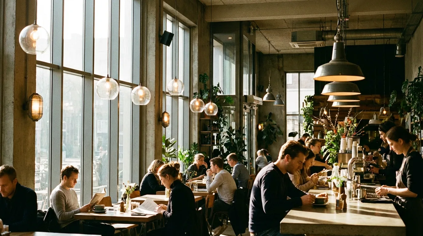 NYC cafe interior with large windows maximizing natural light supplemented by pendant fixtures showing layered lighting contrast
