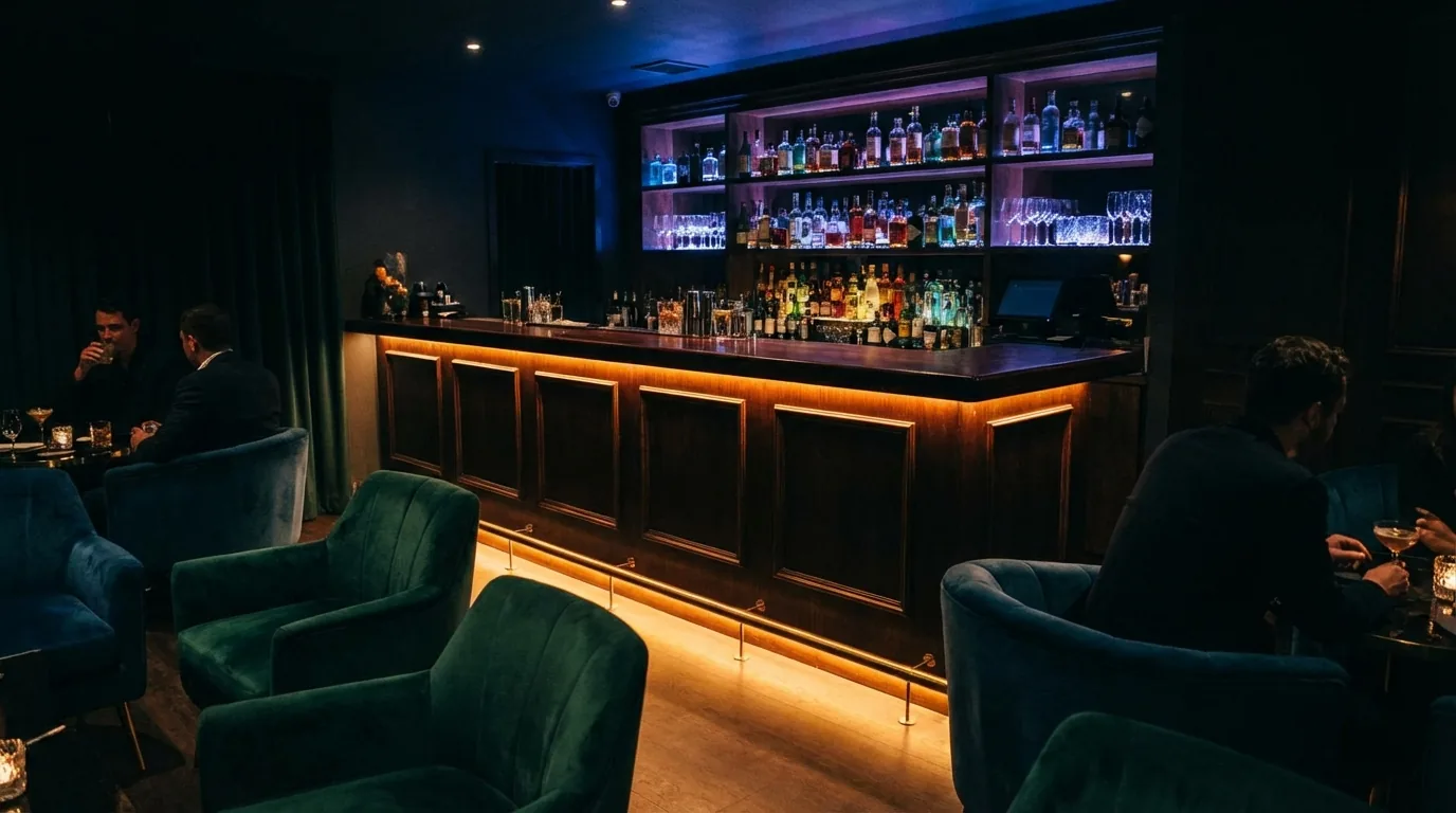 Moody NYC cocktail lounge with LED strip lighting under bar counter and backlit spirits shelving by DIG Interior Design