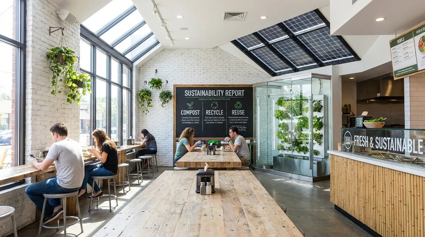Bright eco-friendly NYC fast casual restaurant with natural wood natural daylight and visible sustainability design features by DIG Design