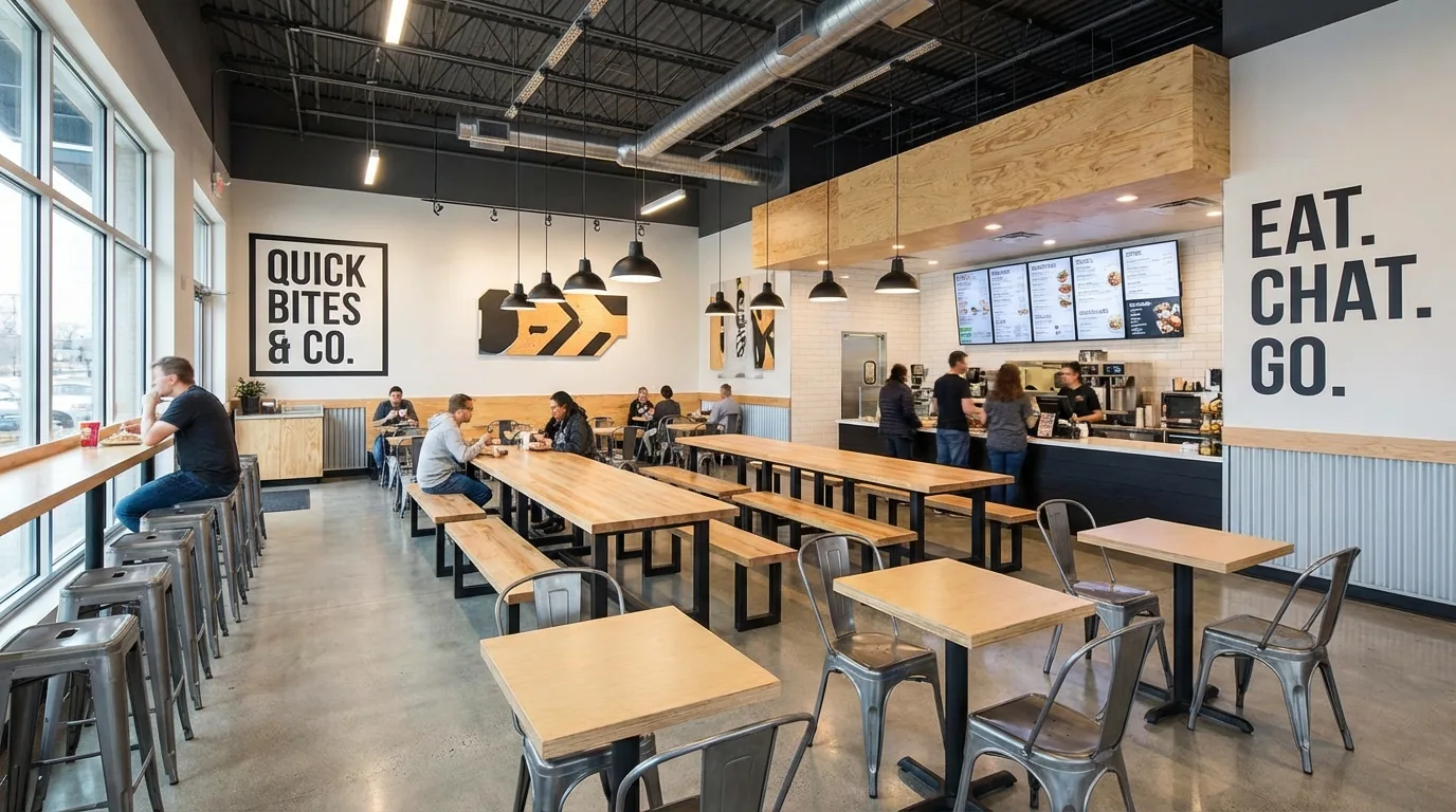 Fast casual NYC restaurant interior with flexible seating mix of communal tables counter stools and two-tops designed for high turnover by DIG Design