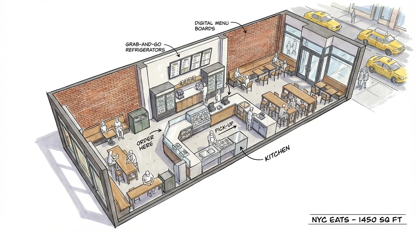 Compact NYC fast casual restaurant footprint under 1500 square feet showing maximized layout and space optimization by DIG Interior Design