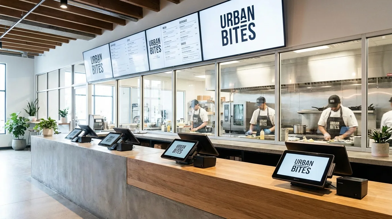Fast casual restaurant ordering counter with integrated POS technology clean sightlines to kitchen and branding-forward design in NYC by DIG Design