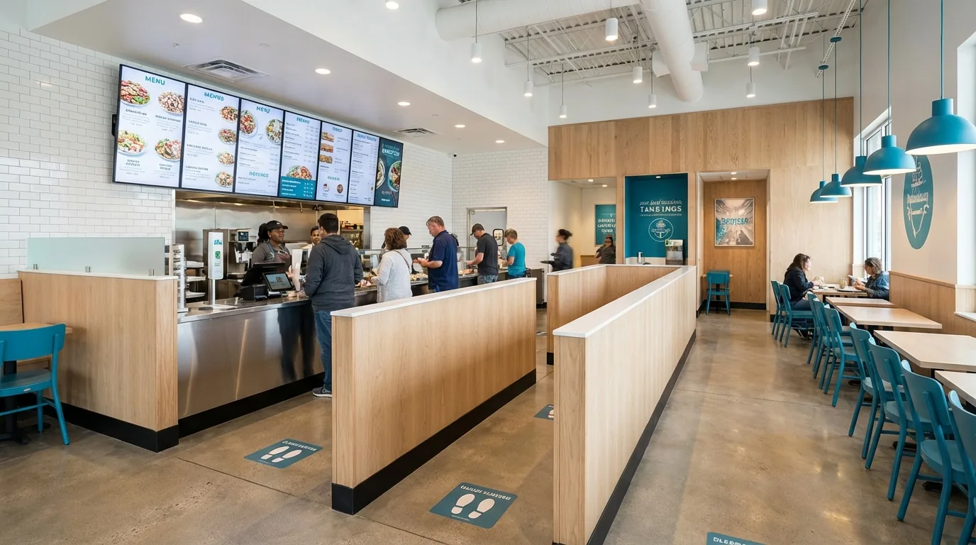 Modern fast casual restaurant design in NYC with efficient queue lane digital menu board and clean white wood accent material palette by DIG Design