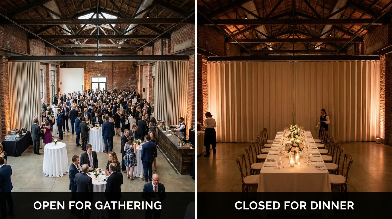 Flexible NYC private event space showing room divider open for large gathering and closed configuration for intimate private dining by DIG Design