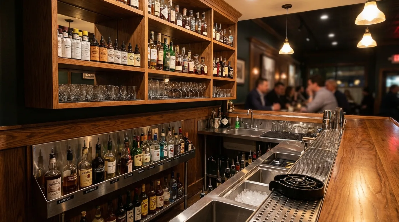 NYC bar back bar design from bartender perspective showing organized speed rail shelving and efficient work triangle layout by DIG Design
