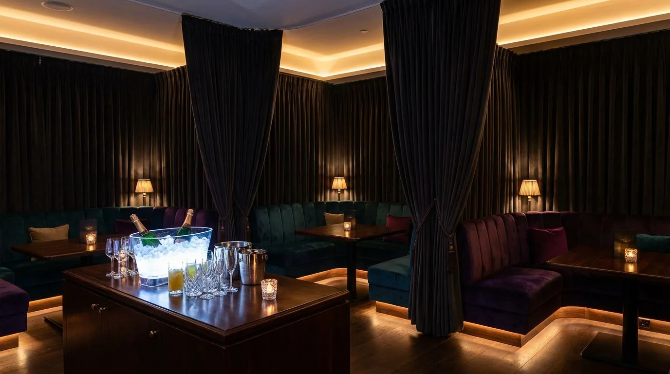 NYC bar VIP section with plush booth seating privacy curtains bottle service setup and intimate ambient lighting by DIG Interior Design