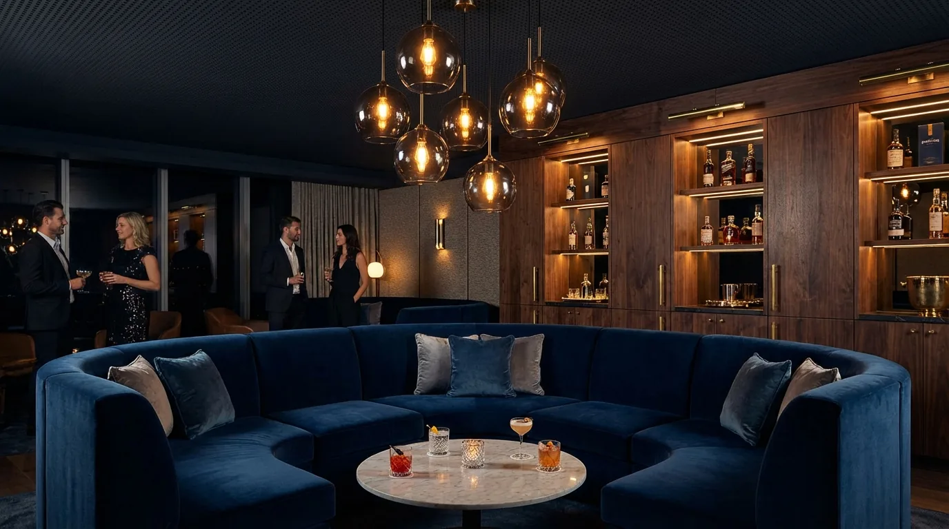 NYC lounge seating area with velvet curved sectional dim pendant lighting and custom millwork upscale nightlife aesthetic by DIG Design