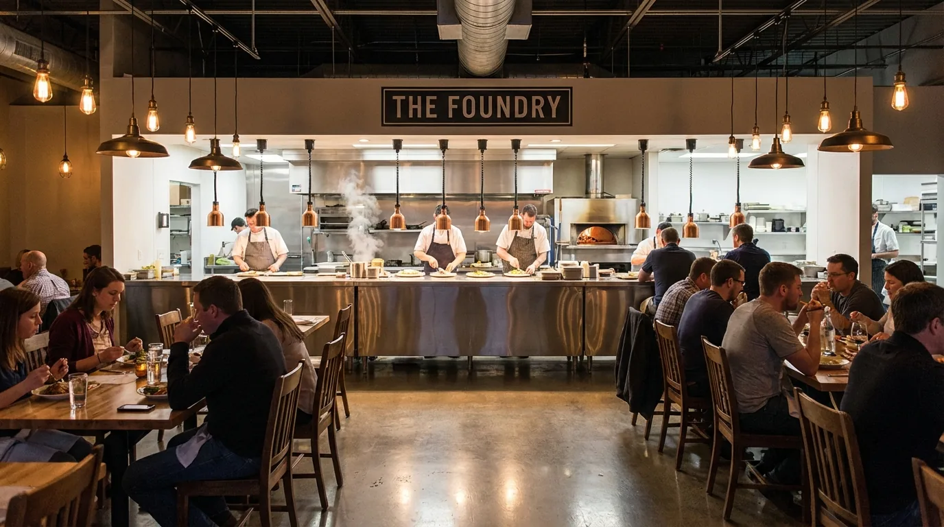 Open kitchen concept restaurant design in NYC with industrial pendant lights and concrete floors by DIG Design