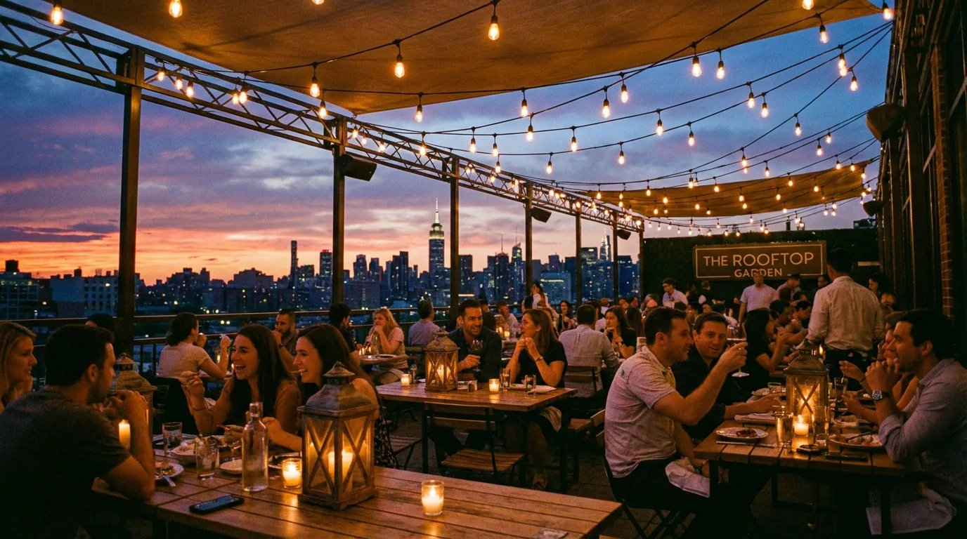 NYC outdoor restaurant terrace at dusk with overhead string lights and warm lanterns against city skyline by DIG Design