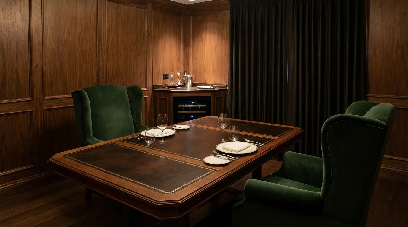 NYC private dining room detail showing custom table with inlaid leather upholstered captain chairs and sommelier station in corner by DIG Design