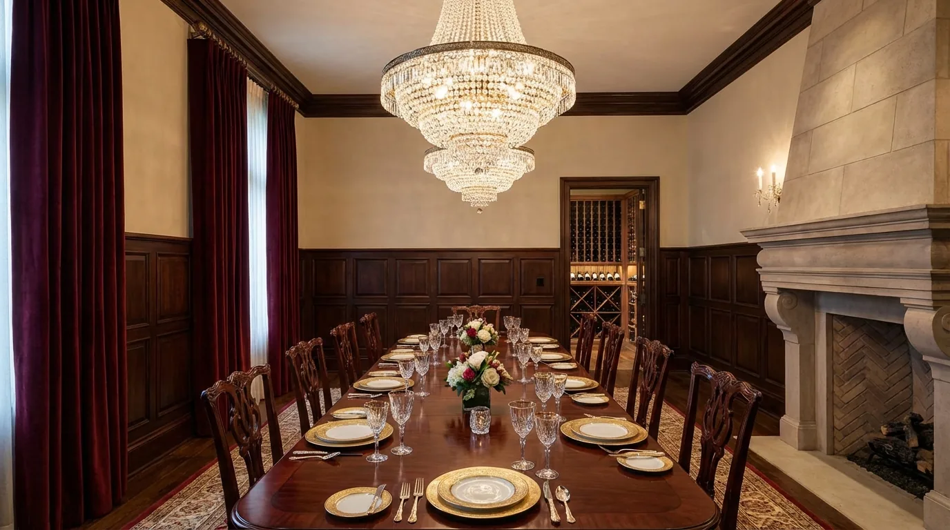 Elegant NYC private dining room with long table set for twelve dramatic chandelier wainscoting and floor-to-ceiling drapes by DIG Interior Design