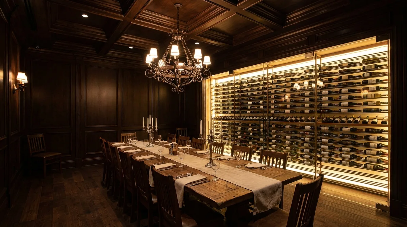 Elegant private dining room with chandelier and floor-to-ceiling wine storage wall in NYC restaurant by DIG Design