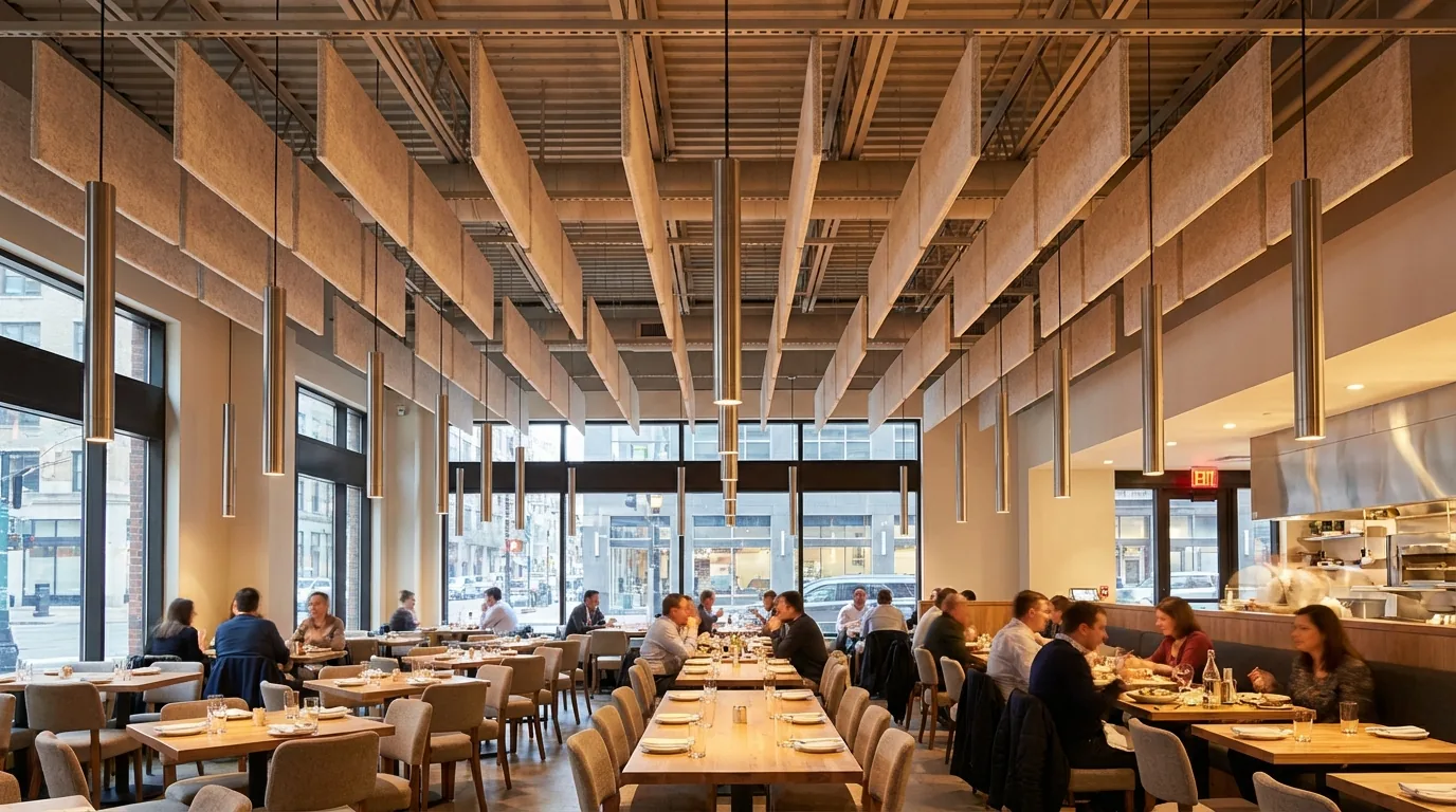 Restaurant ceiling with acoustic panel treatment integrated into modern NYC design with fabric baffles between pendant lights by DIG Design