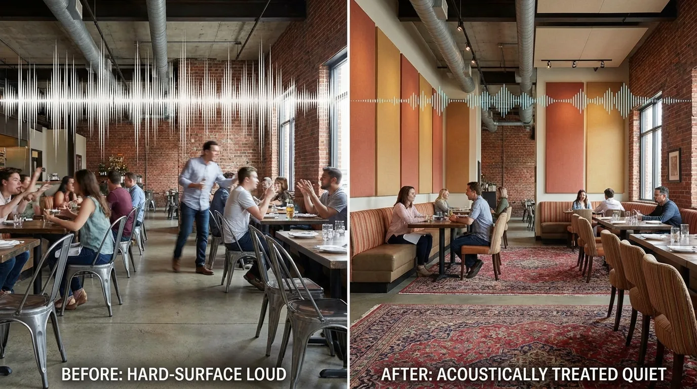 Before and after restaurant acoustic treatment showing hard surface loud space transformed with textile wall panels rugs and upholstered seating in NYC