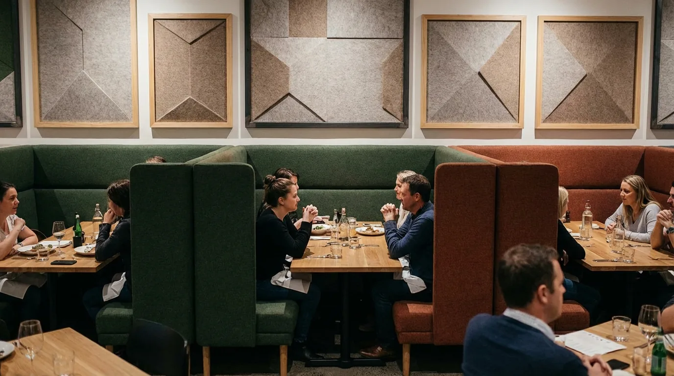 NYC restaurant booth seating with high upholstered backs creating natural sound barriers and felt wall panels framed as art by DIG Design