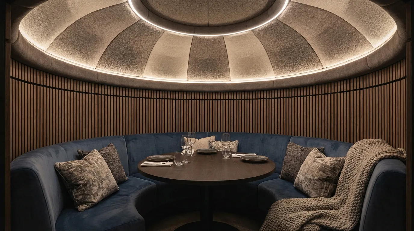 Intimate NYC restaurant dining nook with curved banquette, padded ceiling inset and soft furnishings for acoustic control by DIG Interior Design