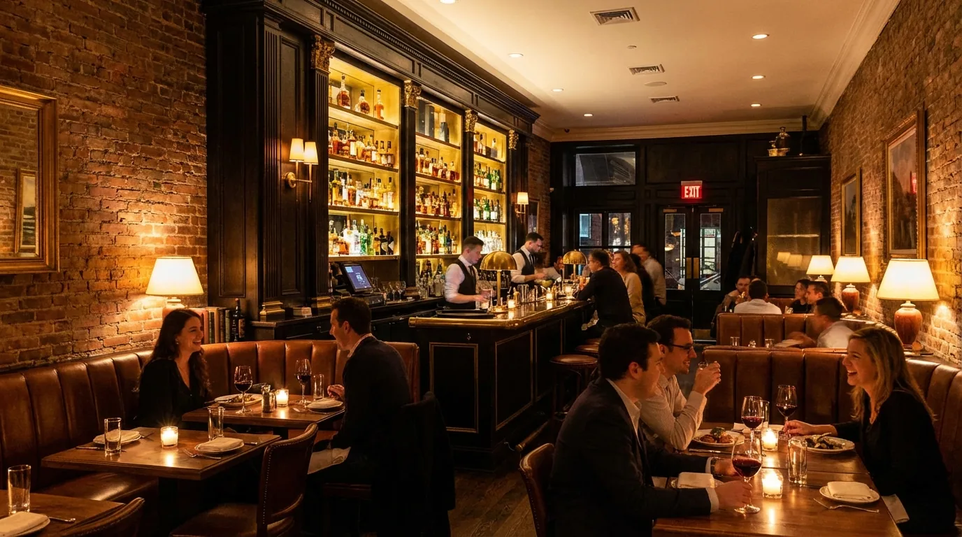 Intimate NYC restaurant dining room with exposed brick walls and custom bar design by DIG Interior Design