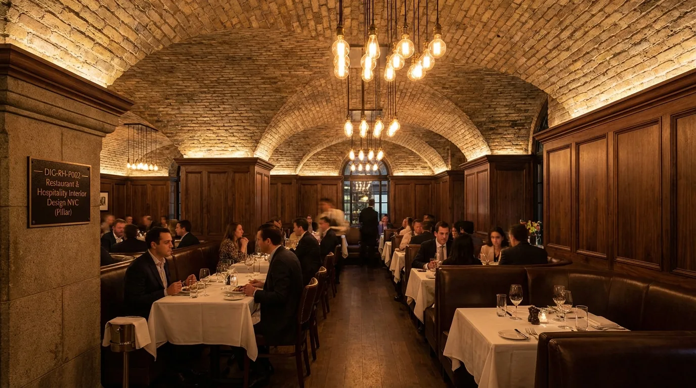 NYC restaurant interior design with warm Edison lighting and leather banquettes by DIG Interior Design