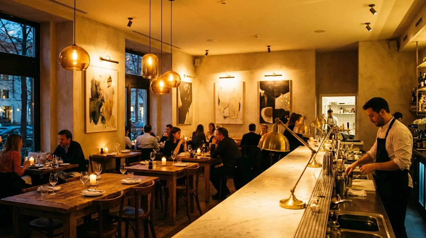 Layered restaurant lighting design in NYC with warm pendant lights, accent lighting and task lighting at bar by DIG Design