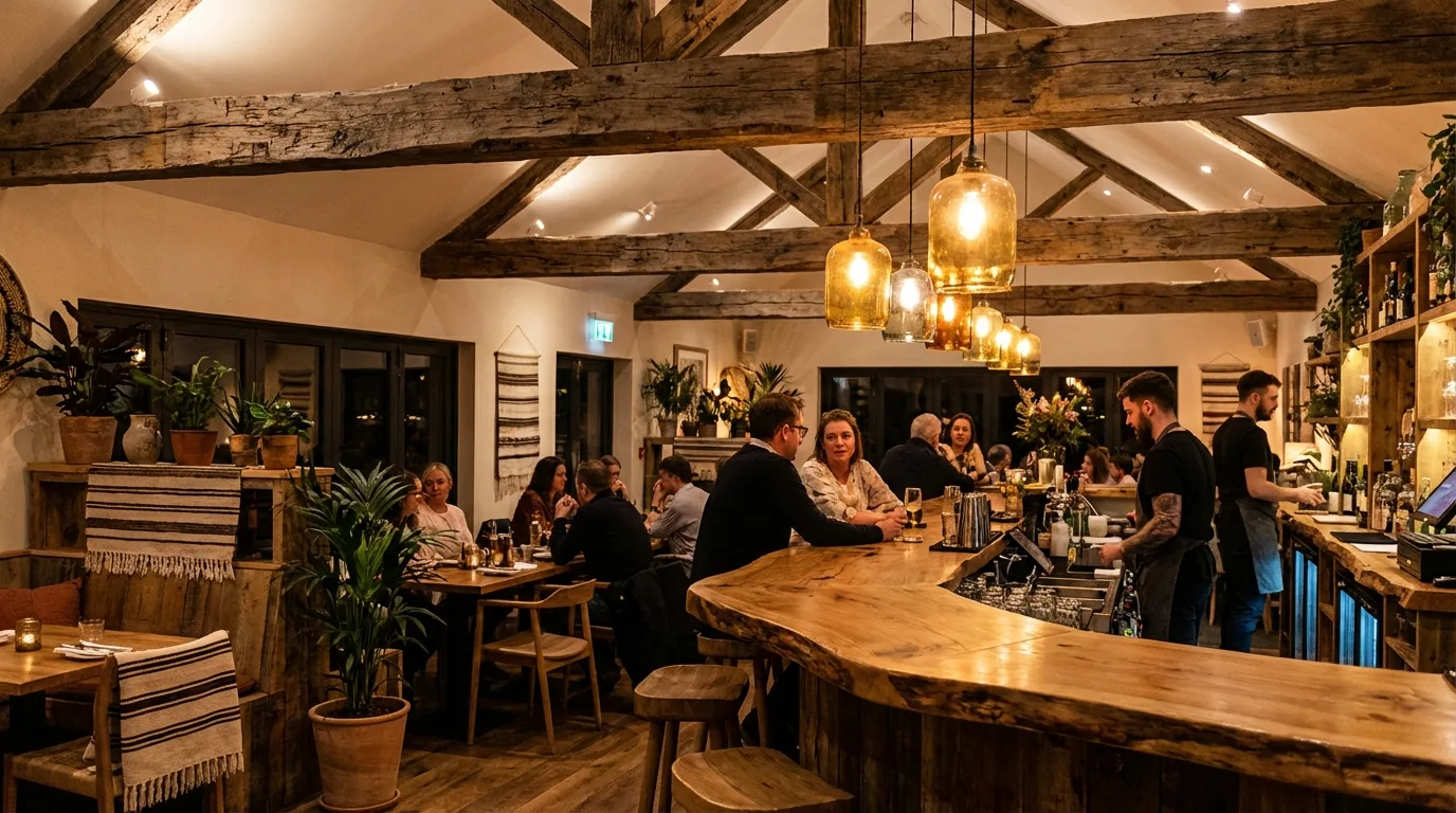 Sustainable NYC restaurant interior with reclaimed wood ceiling beams, live-edge bar top and recycled glass pendant lights by DIG Interior Design