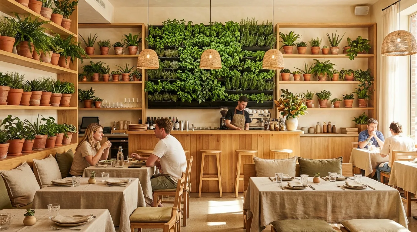 NYC sustainable restaurant with living herb wall behind bar, potted plants on shelving and natural linen textiles by DIG Design