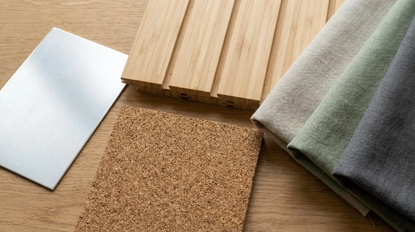 Sustainable restaurant material palette showing brushed recycled metal cork flooring bamboo slat panels and linen upholstery swatches for NYC design