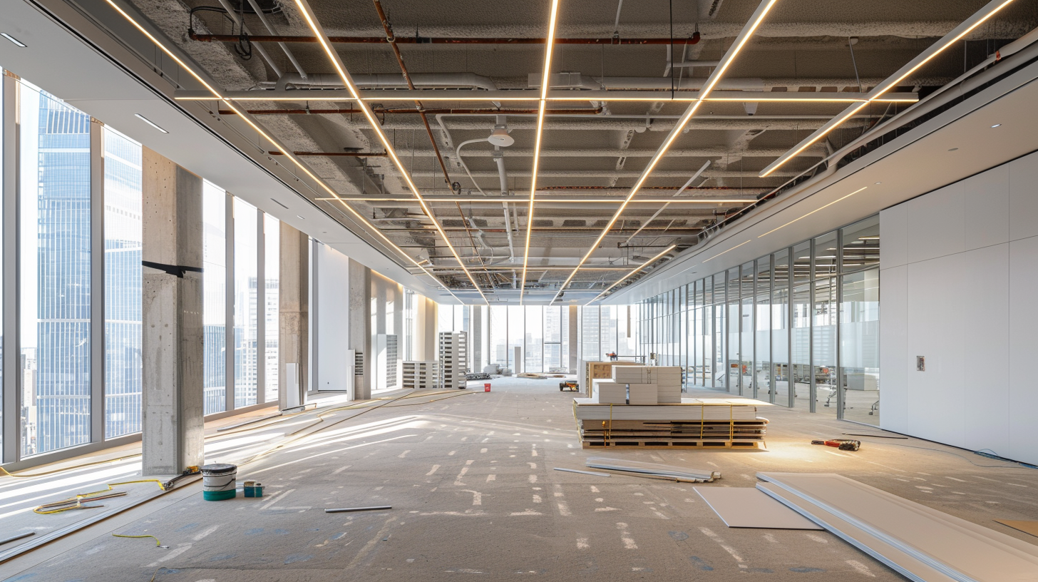 Open-plan office under construction with exposed ceiling, long LED light strips, and scattered construction materials on the concrete floor.