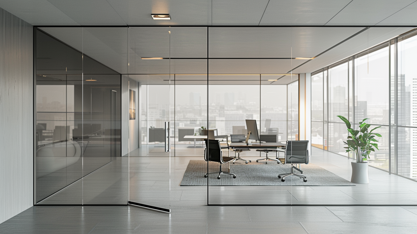 Modern glass-walled conference room in a high-rise office with a central table, chairs, and a view of the city outside.