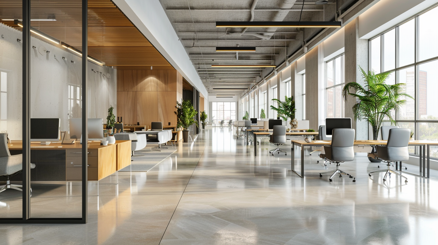 Open-plan office with rows of desks, ergonomic chairs, and large windows filled with natural light, plus greenery along the space.
