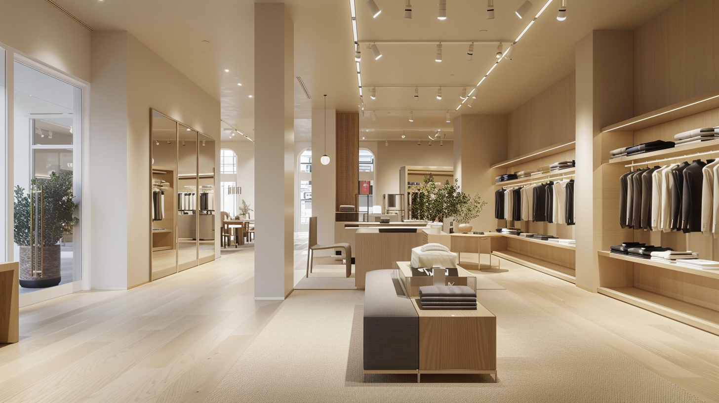 Minimalist clothing store interior with light wood shelves, racks of neutral-toned apparel along the right, and central display tables.