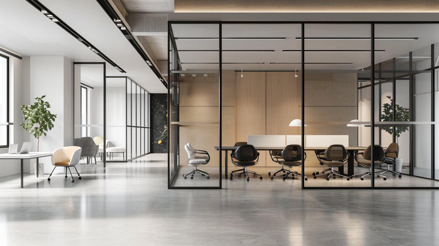 Modern open office with a glass-walled conference room at center, featuring a long table and multiple rolling chairs; plants near large windows on the left.