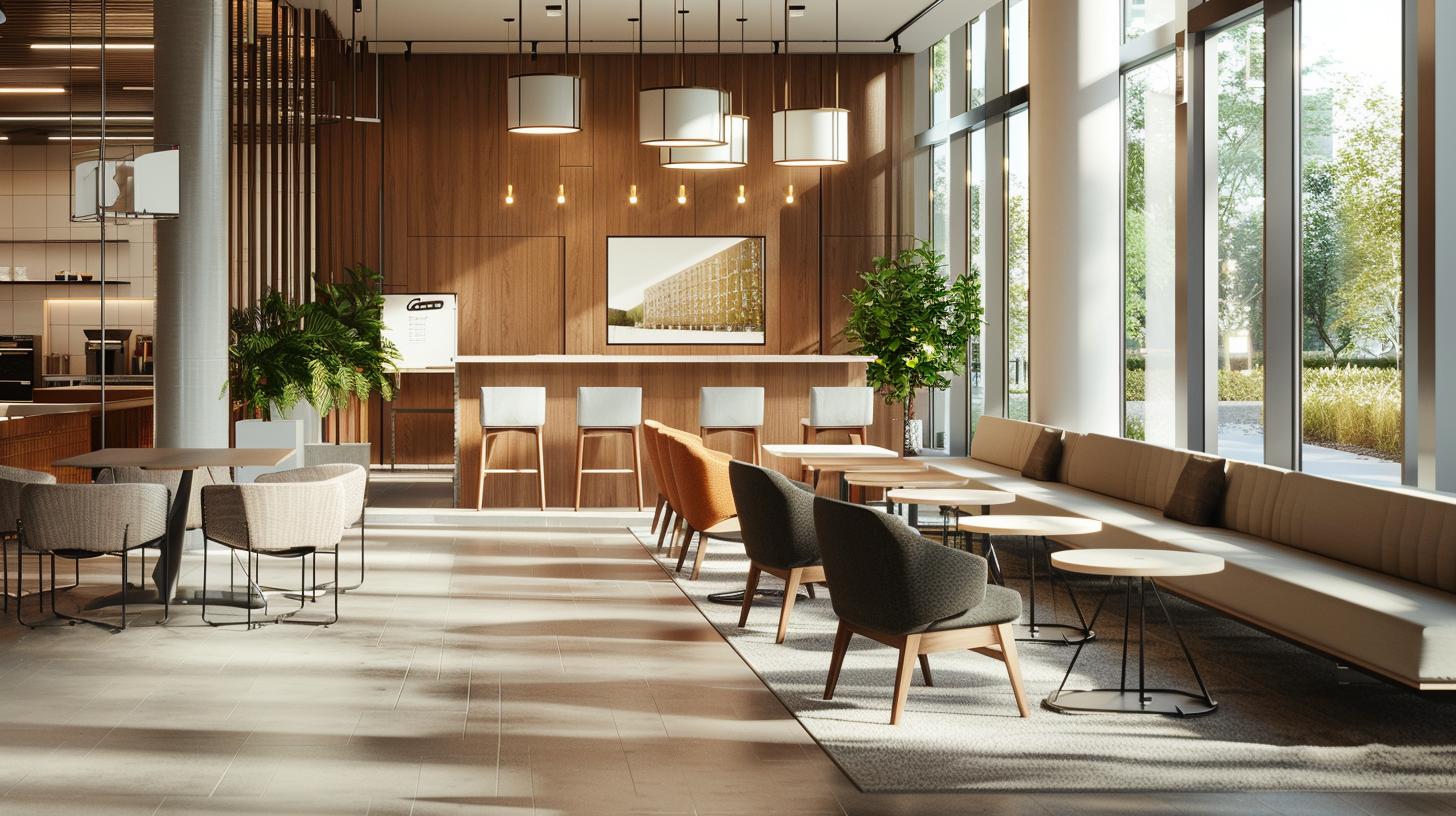 Modern hotel lobby lounge with a wooden bar, white stools, and large windows letting in natural light.