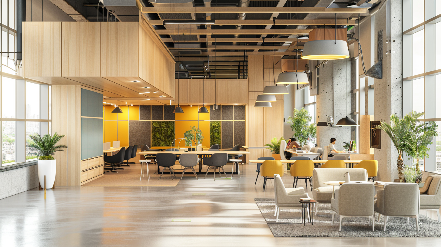 Open-plan modern office lounge with wood-panel walls, warm lighting, and seating areas by large windows.
